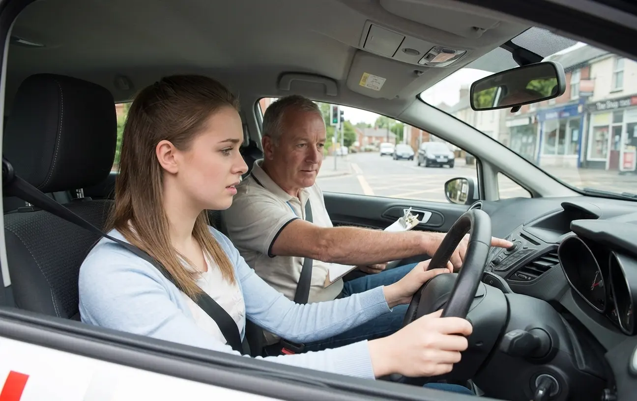 Learner practising steering while an instructor explains the car controls