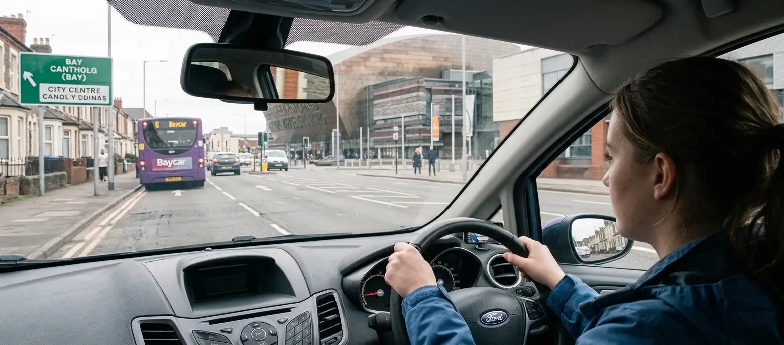 Learner driving along a Cardiff city road near a bus and city centre signs