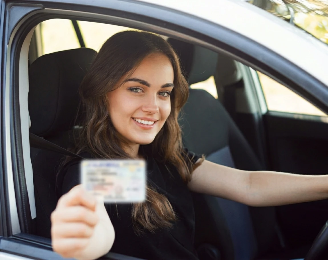 Smiling young woman in the driver's seat of a car holding up her driving licence