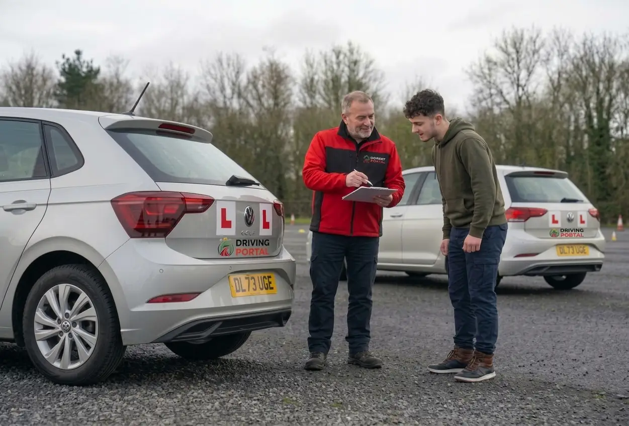 Driving instructor reviewing a lesson checklist with a learner beside a Driving Portal training car