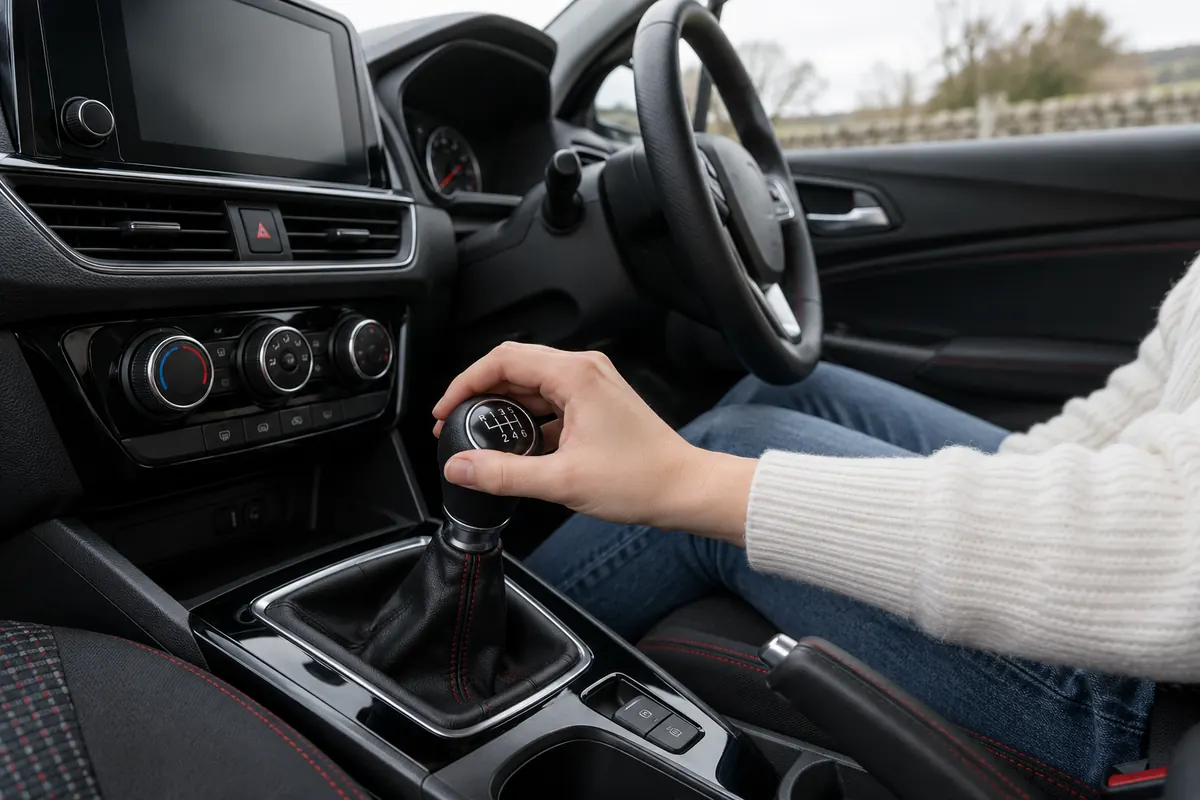 Learner practising gear selection in a parked right-hand-drive manual car