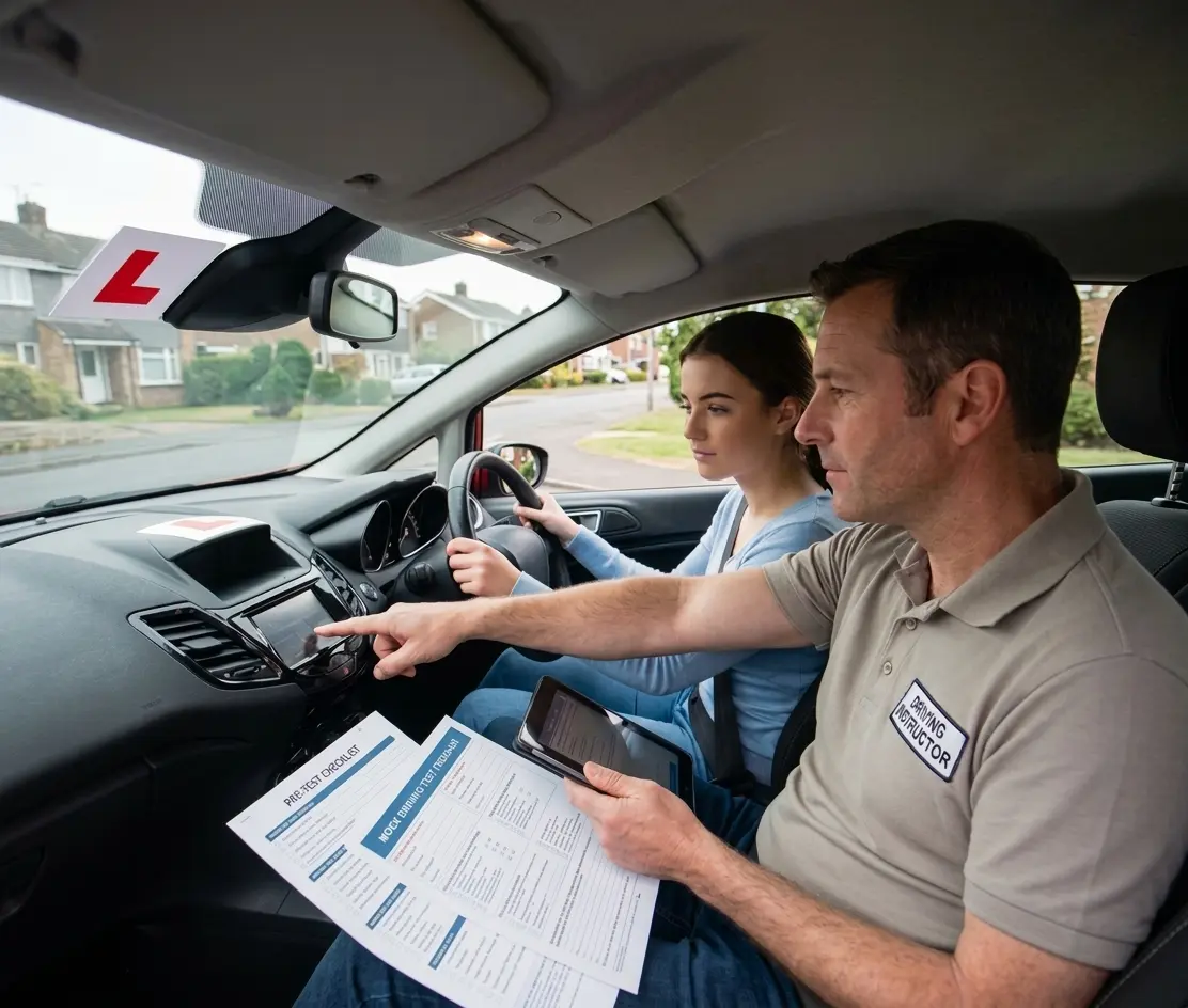 Driving instructor pointing out vehicle controls to a learner seated at the wheel