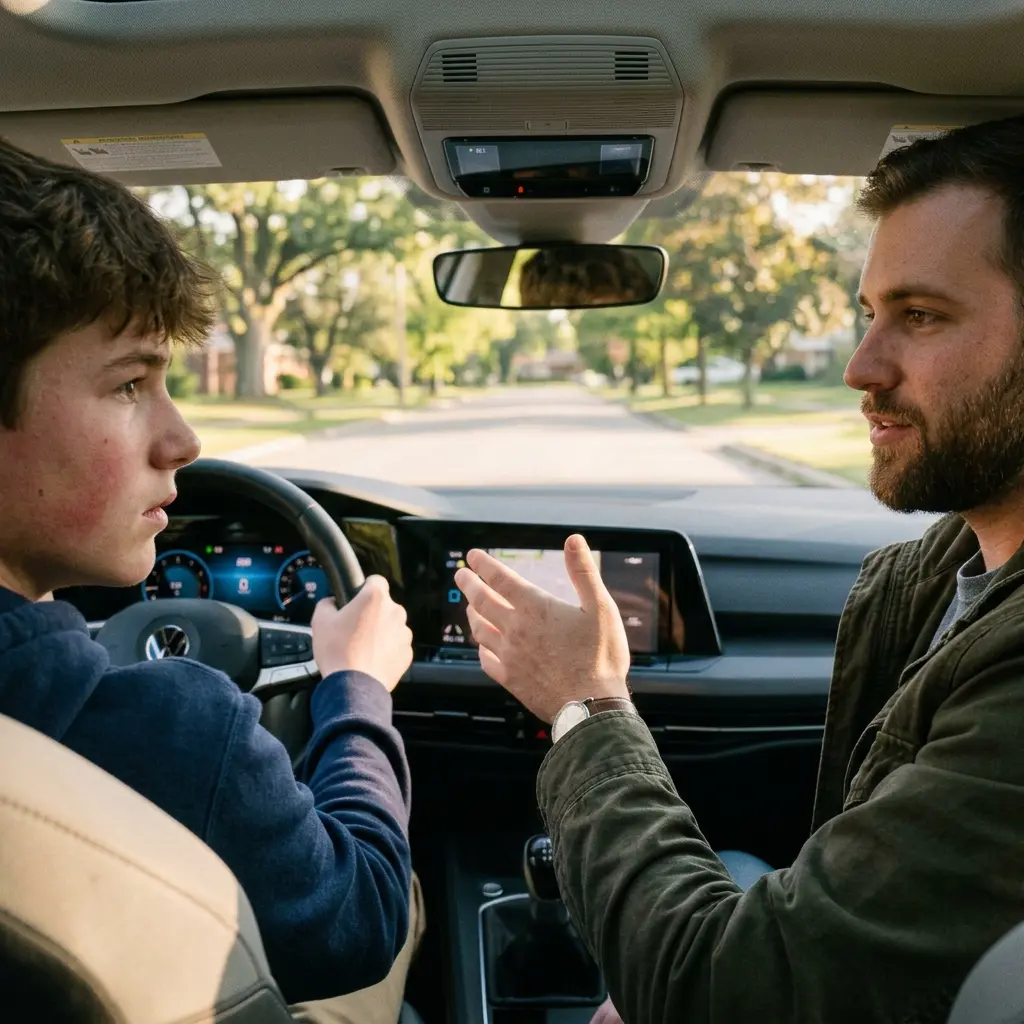 A driving instructor is giving instruction to a learner driver during driving lessons in Cardiff.