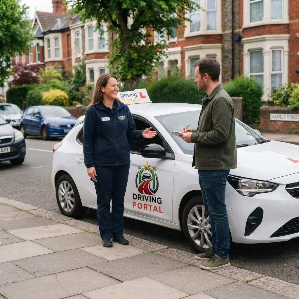 Instructor and learner discussing a lesson plan beside a Driving Portal car