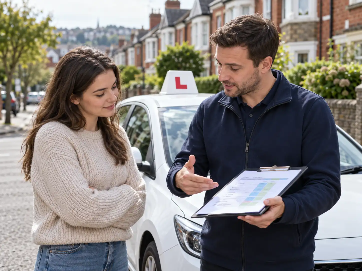 Instructor discussing a driving lesson plan with a learner beside a tuition car
