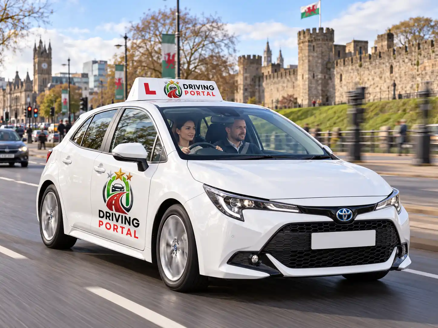 Driving Portal learner car passing Cardiff Castle