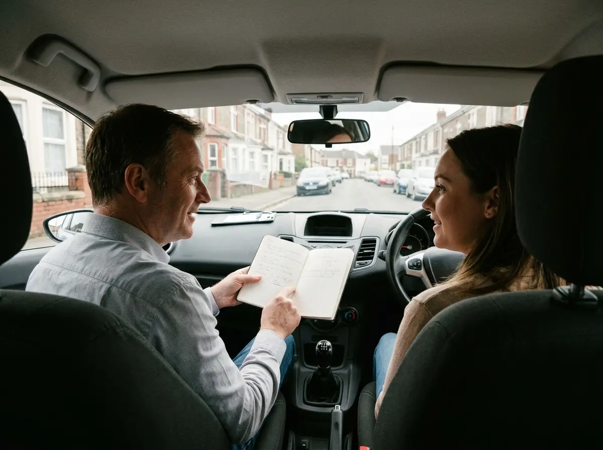 Instructor and learner reviewing notes inside a manual tuition car
