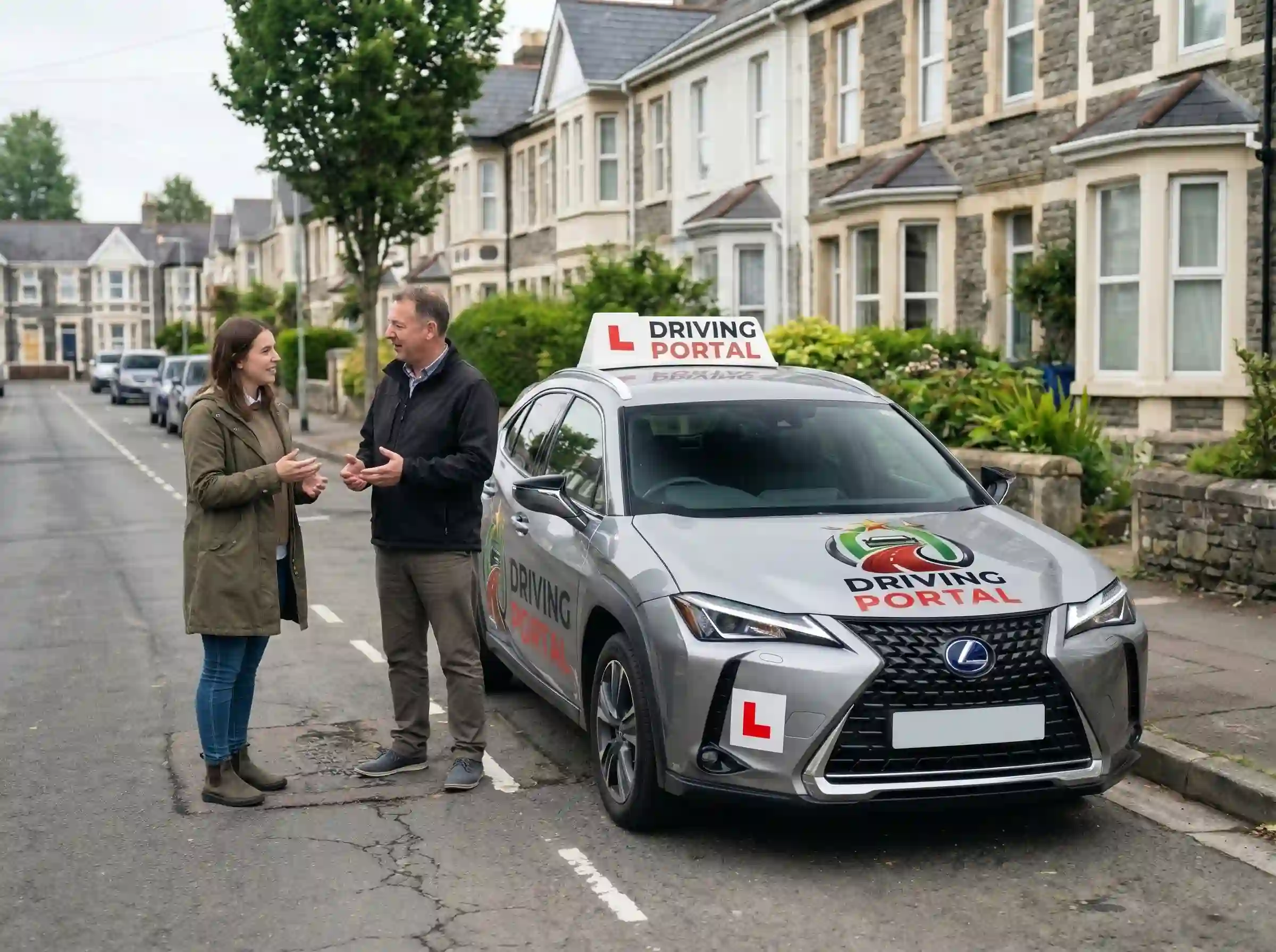 Learner and instructor beside a Driving Portal Lexus tuition car on a Cardiff street