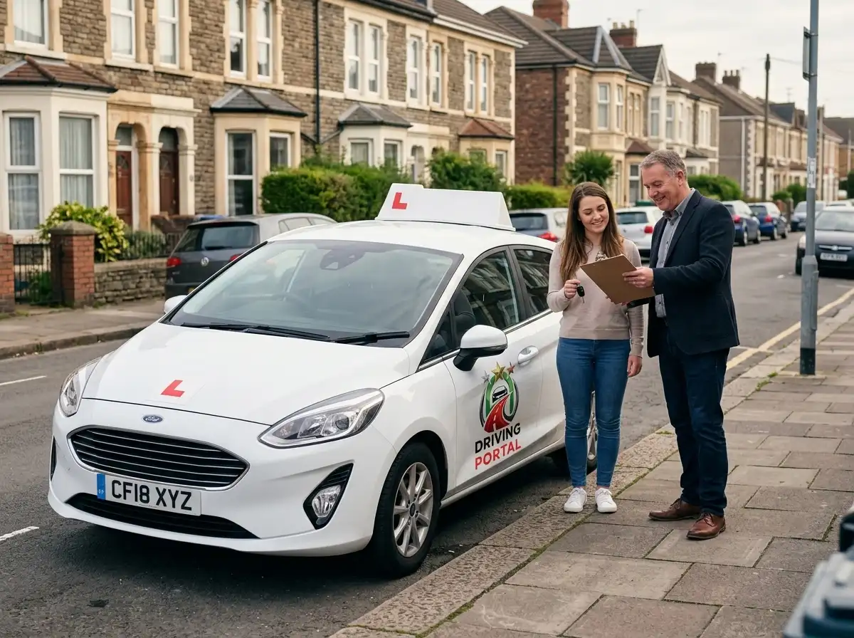 Learner and instructor reviewing a lesson beside a Driving Portal tuition car